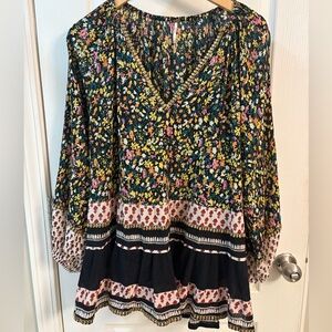 Free People Floral and Patterned Tunic - Black, Yellow, Pink, White